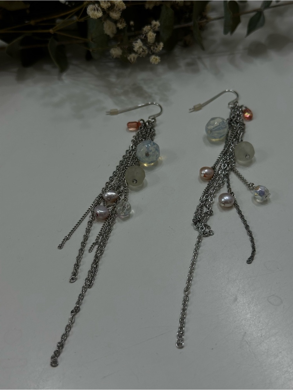 Avon Silver Dangle Earrings with Pink, Clear and Pearl Accents